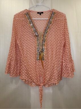 Tesoro Moda Peach Lace Tie-Front VNeck Blouse-Embellished Placket/Bell Sleeve